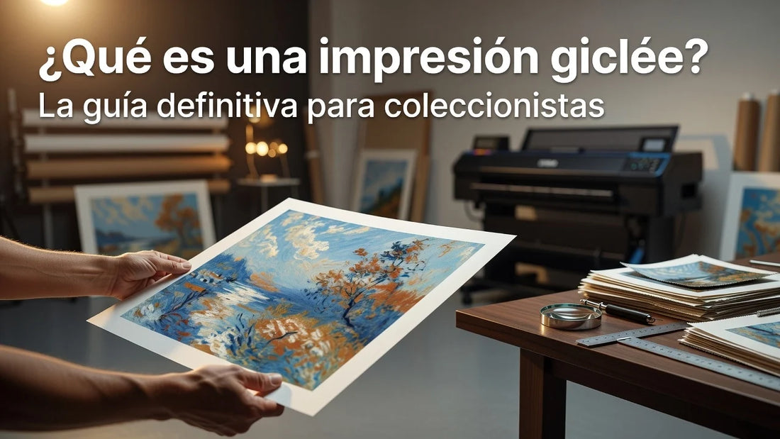 Professional header image for educational tutorial: ¿Qué es una impresión giclée? La guía definitiva para col...