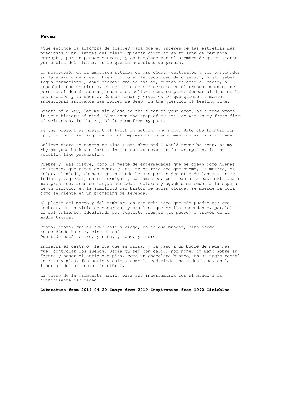 Fiebre — A letter from the artist