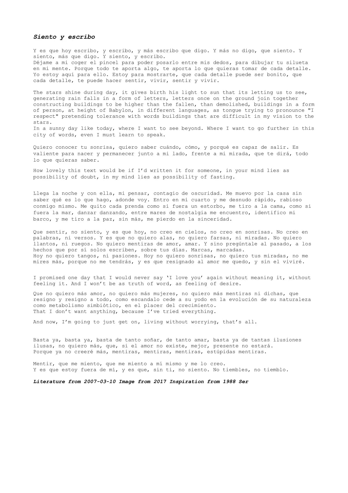Siento y escribo — A letter from the artist