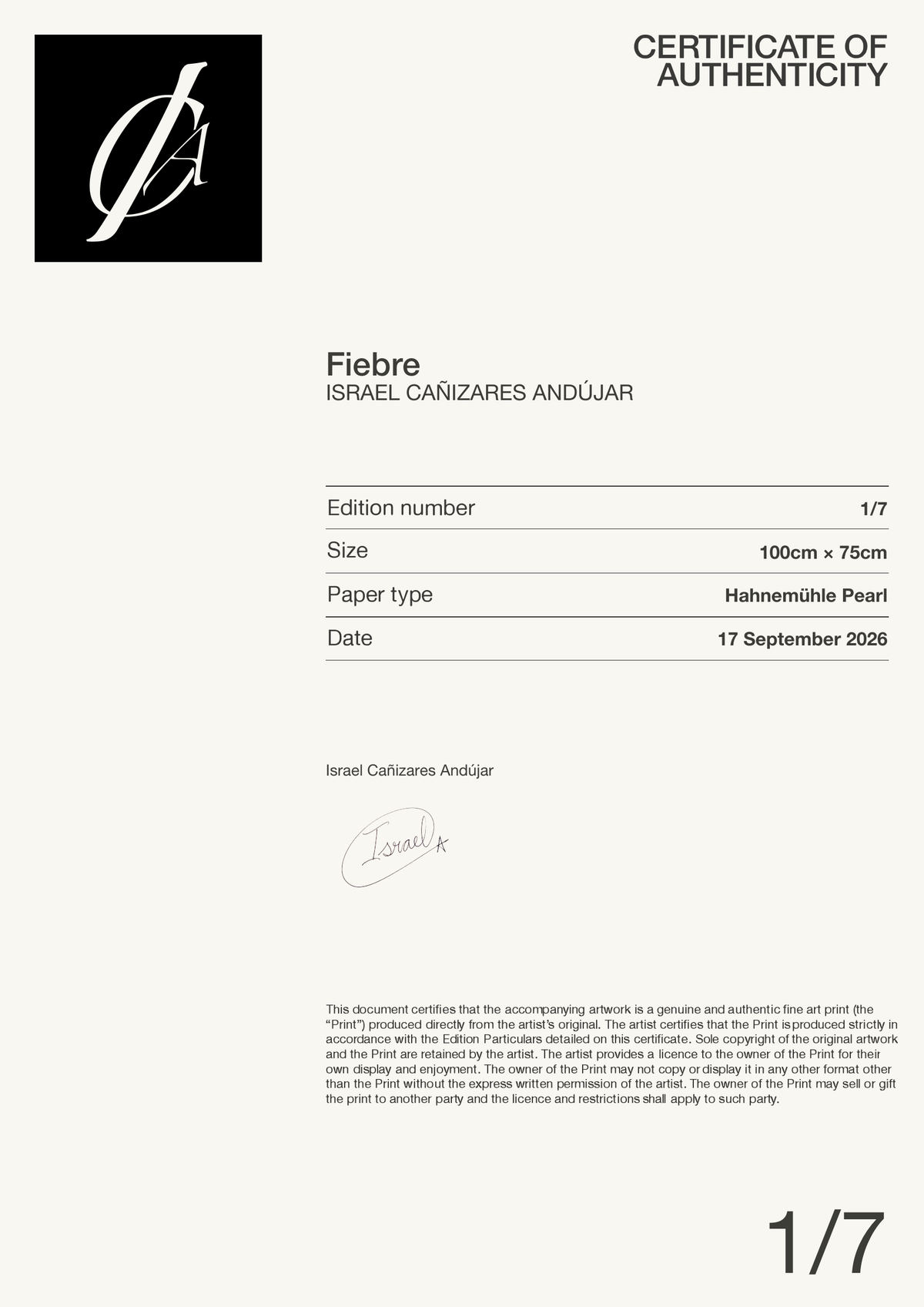 Fiebre — Certificate of Authenticity