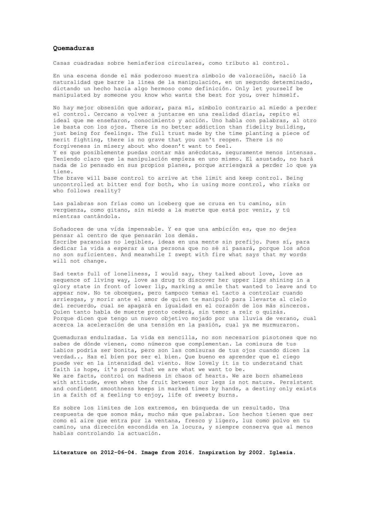 Quemaduras — A letter from the artist